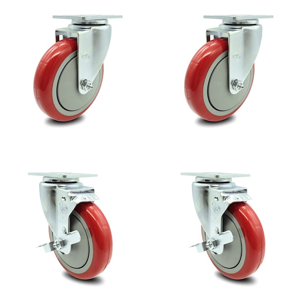5 Inch Red Polyurethane Wheel Swivel Top Plate Caster Set with 2 Brakes SCC